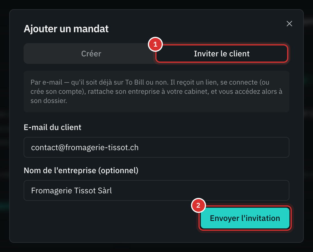 Dritarja Ajouter un mandat, skeda Inviter le client: e-maili i klientit, emri i kompanisë së tij dhe butoni Envoyer l'invitation.