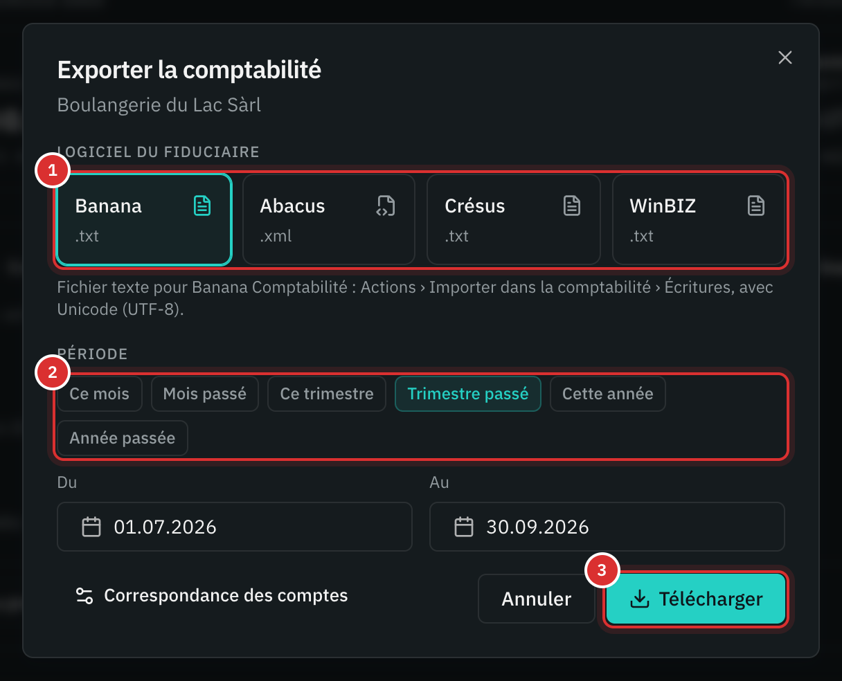 La ventana Exporter la comptabilité: Banana elegido, el período del trimestre pasado y el botón Télécharger.