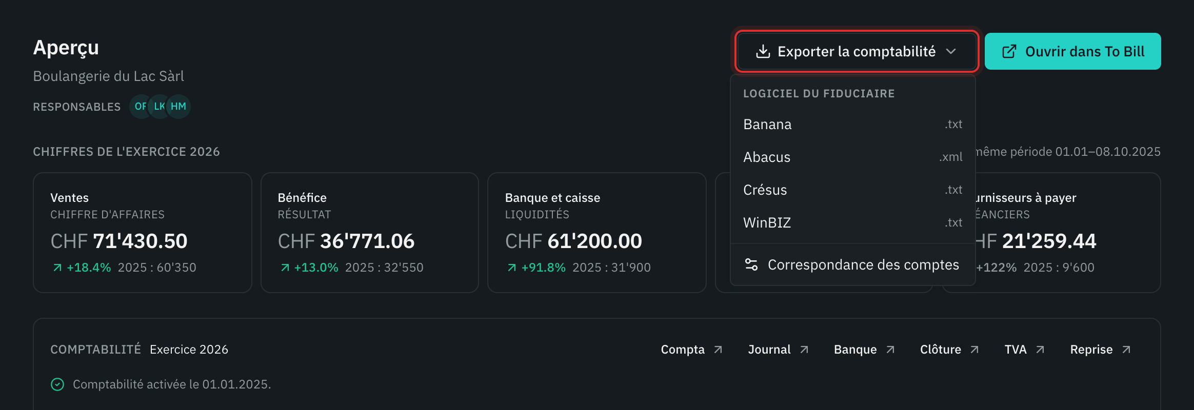 El menú Exporter la comptabilité: Banana, Abacus, Crésus, WinBIZ y Correspondance des comptes.