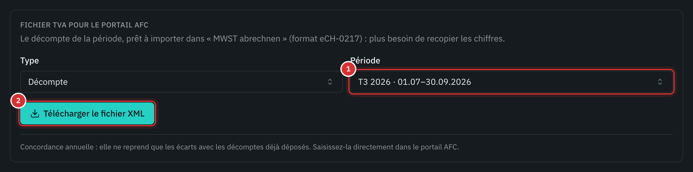 La tarjeta del archivo del IVA para el portal de la AFC: el tipo de declaración, el período T3 2026 y el botón Télécharger le fichier XML.