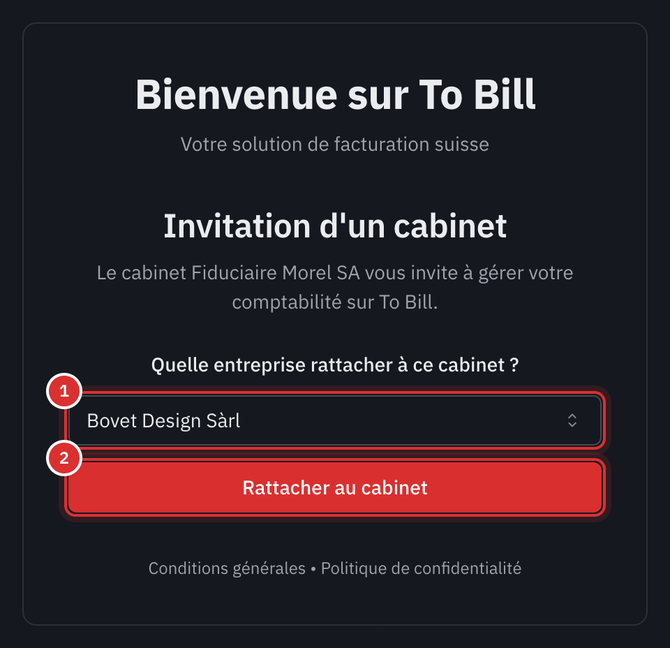 La page Invitation d’un cabinet : le choix de l’entreprise et le bouton Rattacher au cabinet.