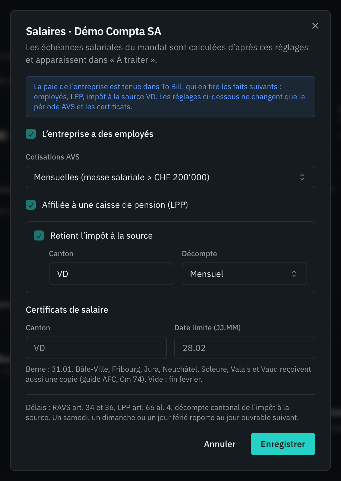 La fenêtre Salaires d’un mandat : les employés, la périodicité AVS, la LPP, l’impôt à la source et les certificats de salaire.