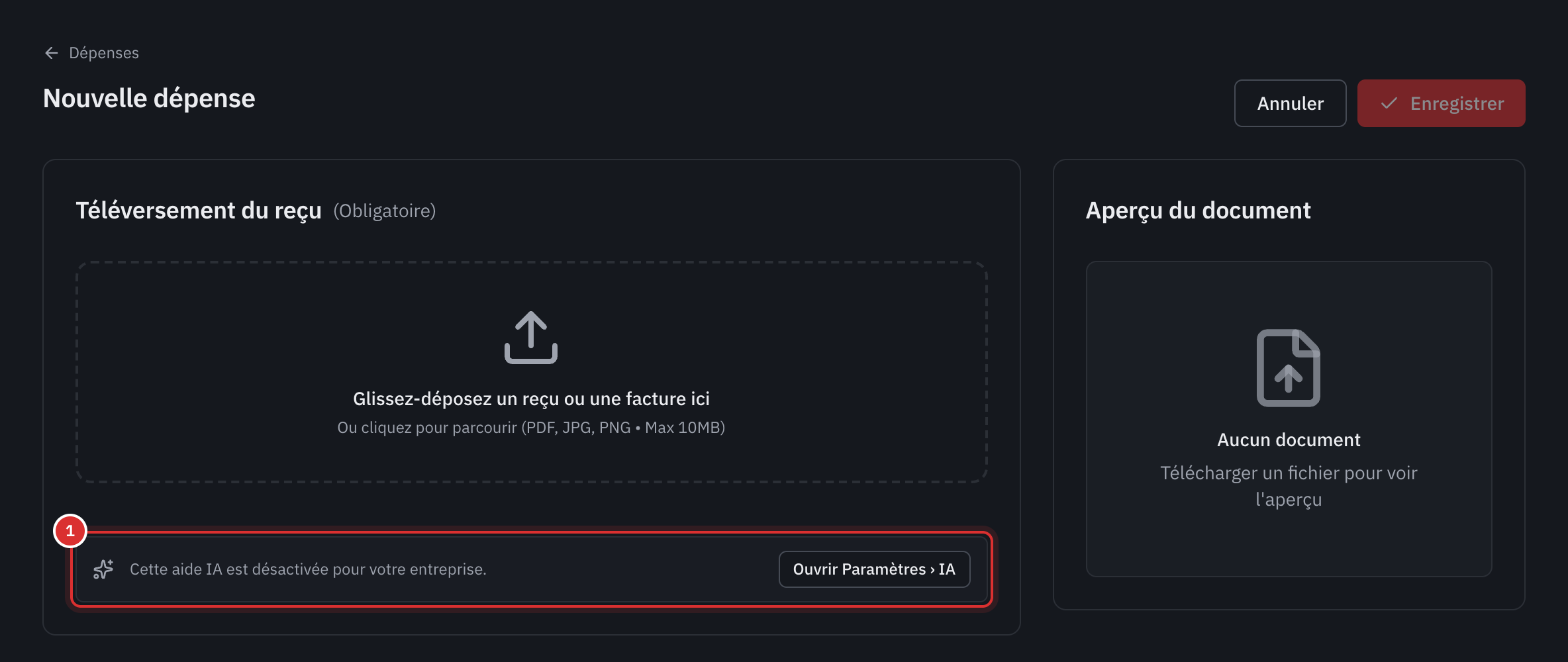 La page Nouvelle dépense d’une entreprise sans IA : sous la zone du reçu, la note Cette aide IA est désactivée pour votre entreprise, avec le bouton Ouvrir Paramètres, IA.