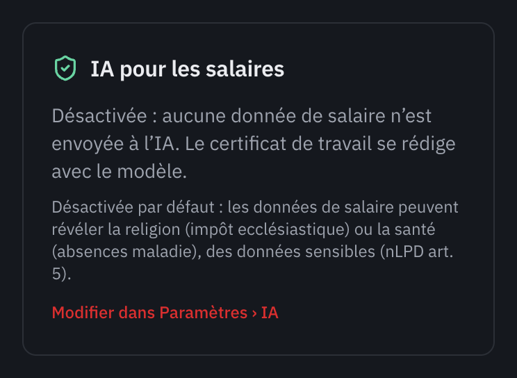 La carte IA pour les salaires de la page Salaires, Assurances : Désactivée, aucune donnée de salaire n’est envoyée à l’IA, la raison, et le lien Modifier dans Paramètres, IA.