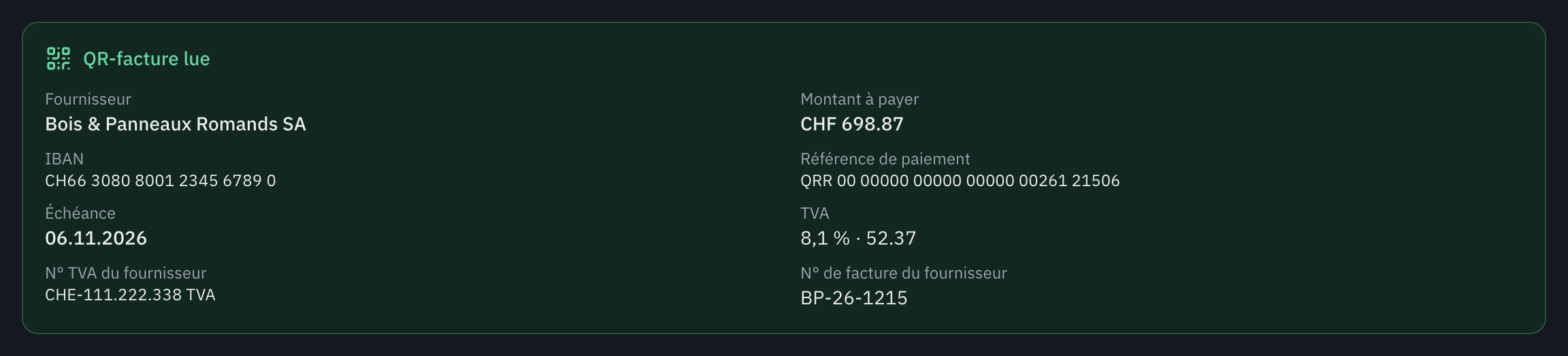 Le cadre QR-facture lue : le fournisseur, le montant à payer, l’IBAN, la référence QR, l’échéance, la TVA à 8,1 %, le numéro TVA et le numéro de la facture du fournisseur.