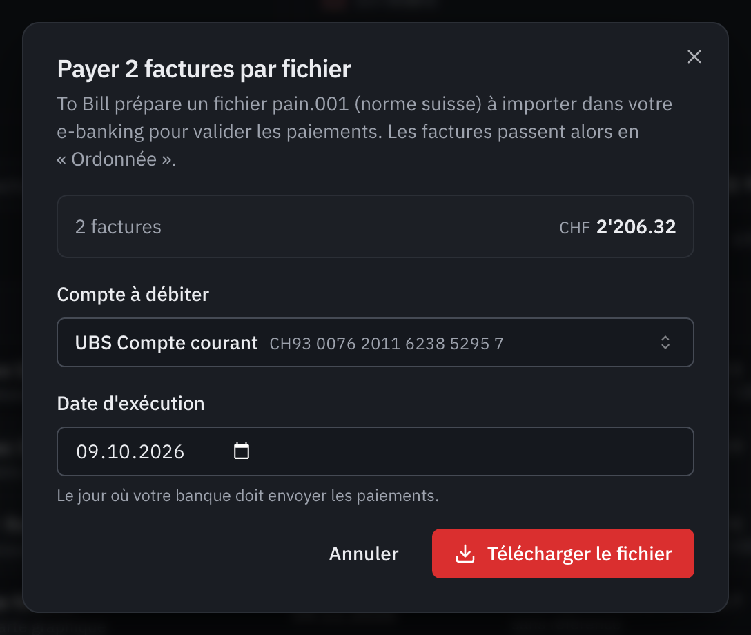 La fenêtre Payer 2 factures par fichier : le total, le compte à débiter UBS Compte courant, la date d’exécution et le bouton Télécharger le fichier.