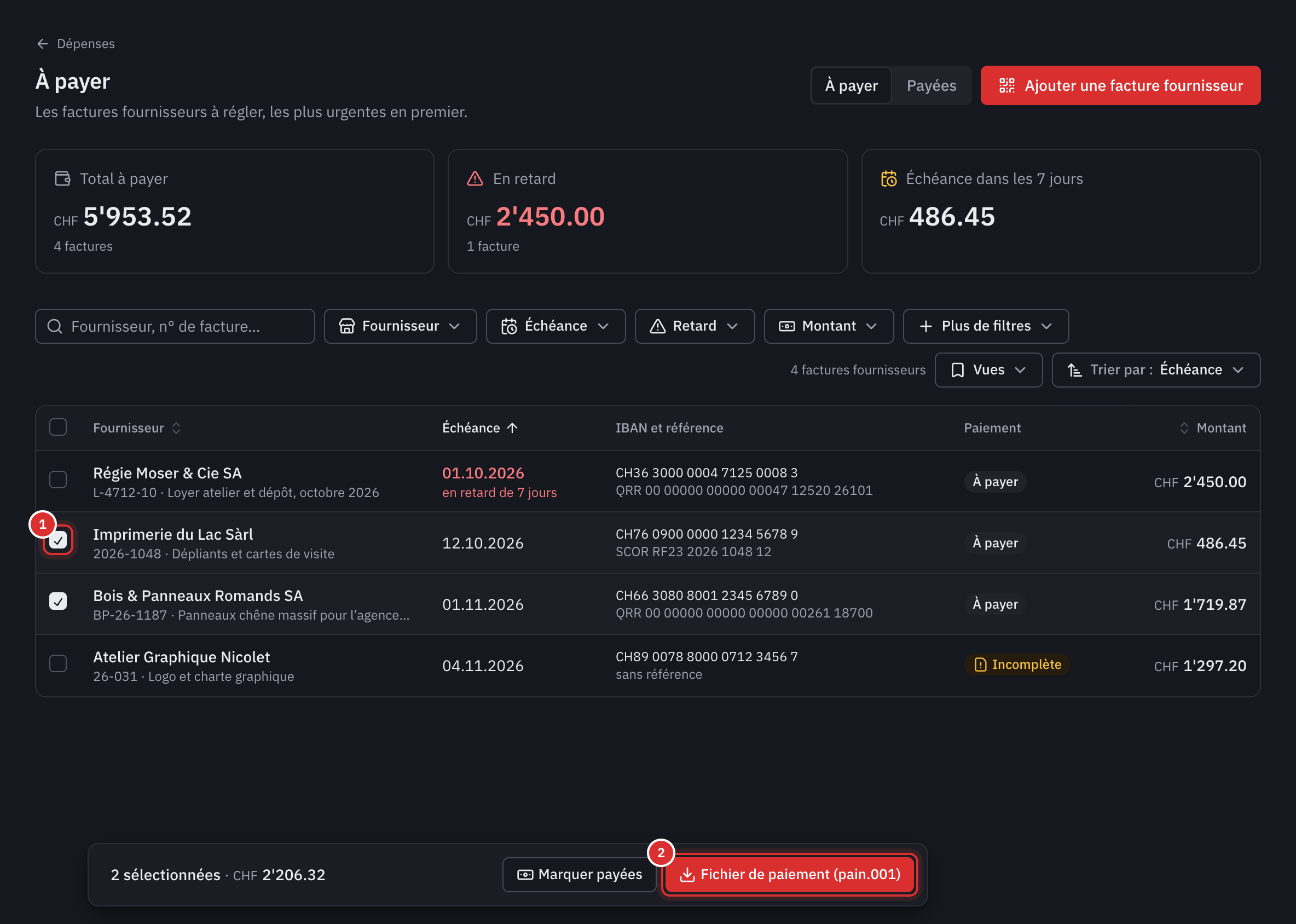 La liste À payer avec deux factures cochées, et en bas la barre de sélection avec le total et le bouton Fichier de paiement (pain.001).