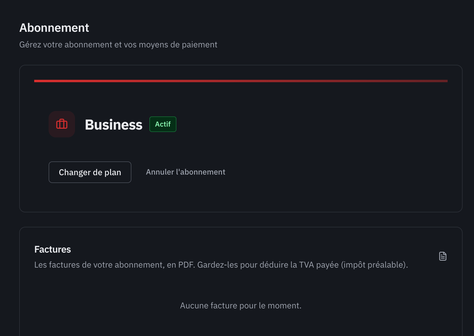 La page Abonnement : le plan actif, les boutons Changer de plan et Annuler l’abonnement, et l’historique des paiements.