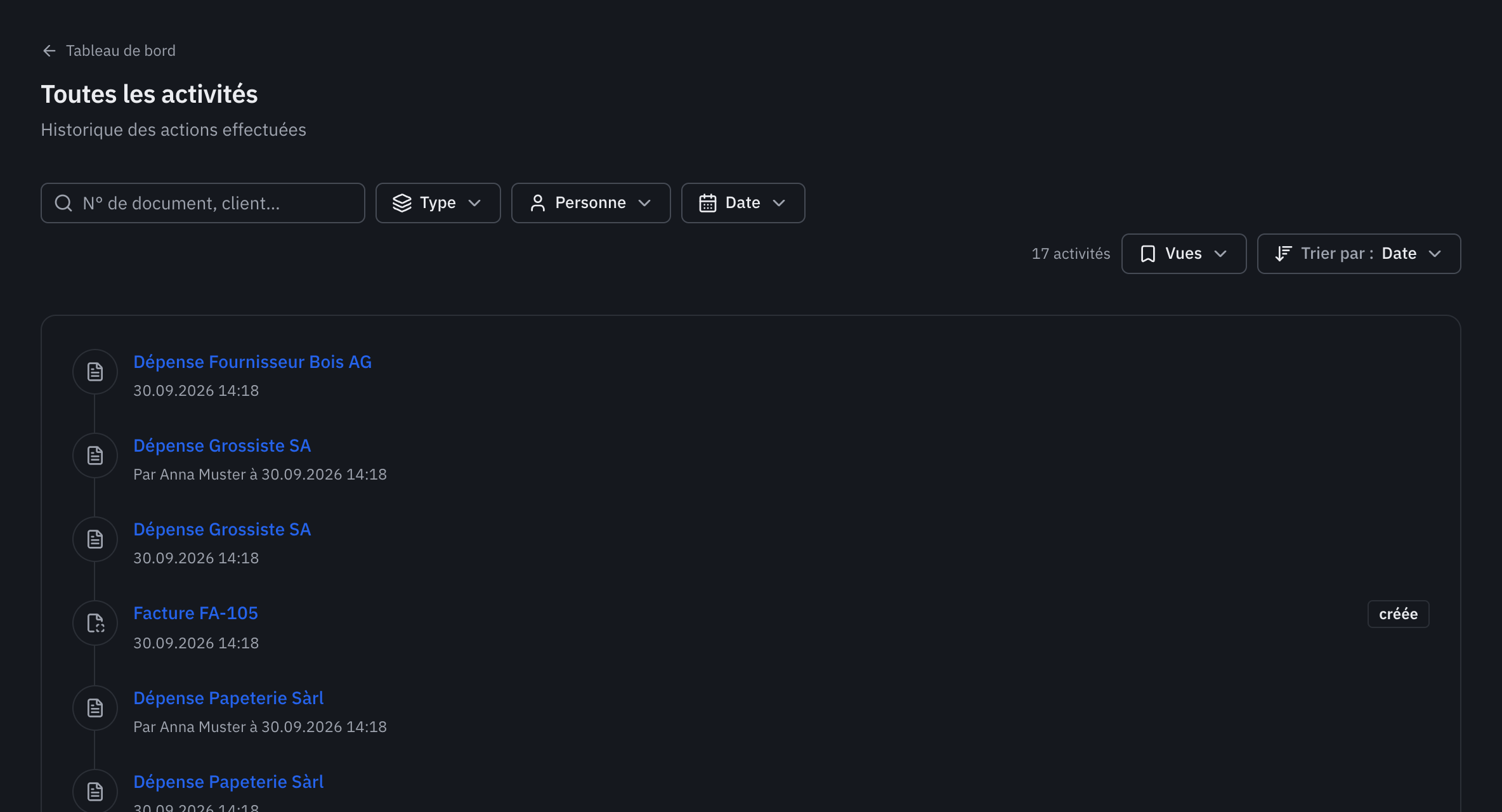 La page Toutes les activités : la liste des actions avec la personne et la date, et les filtres Type, Personne et Date.