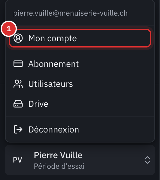 Le menu du compte ouvert en bas à gauche : l’e-mail, Mon compte, Abonnement, Utilisateurs, Drive et Déconnexion.