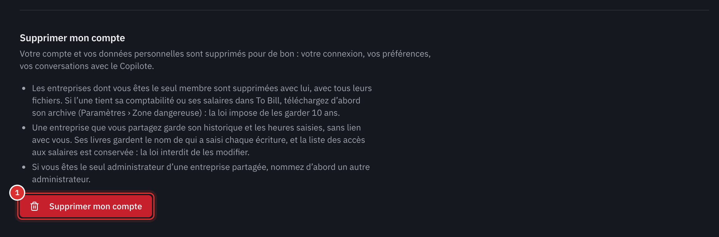 La partie Supprimer mon compte : ce qui est supprimé, ce qu’une entreprise partagée garde, la règle du dernier administrateur et le bouton Supprimer mon compte.