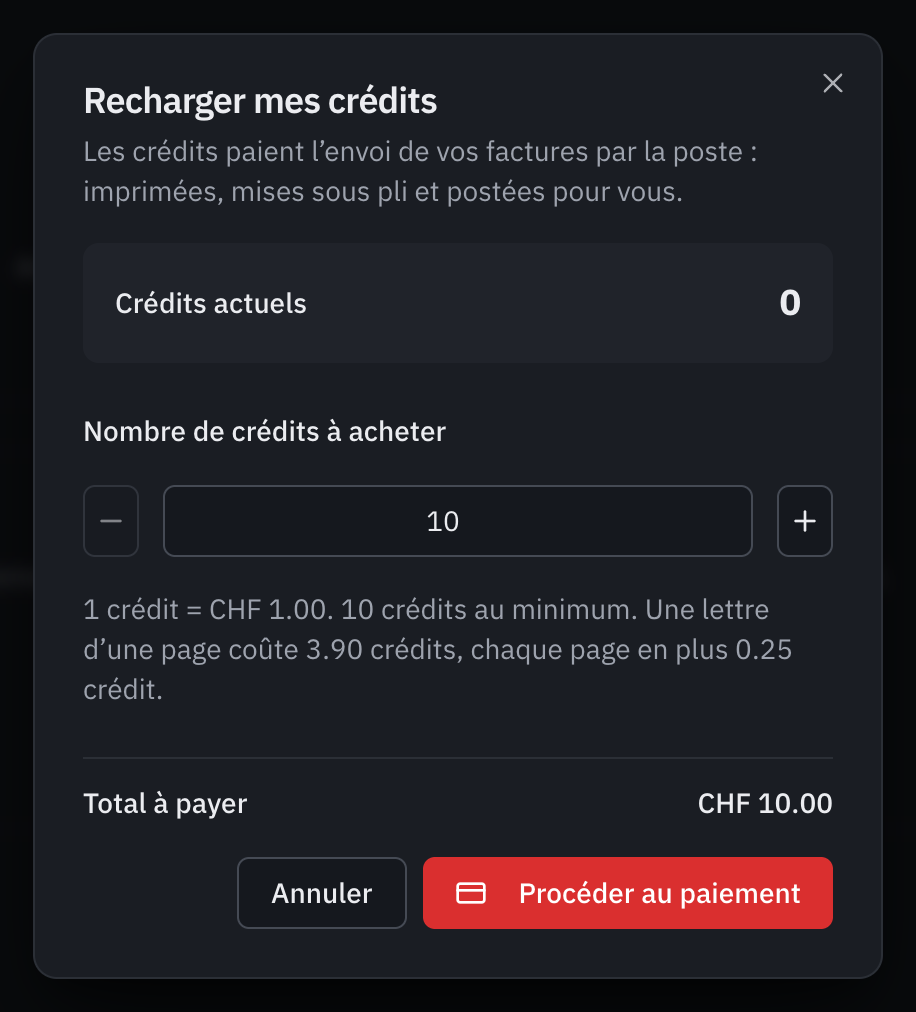 La fenêtre Recharger mes crédits : à quoi servent les crédits (l’envoi des factures par la poste), les crédits actuels, le nombre à acheter, le tarif avec le minimum de 10 crédits et le prix d’une lettre, et le total à payer de CHF 10.00.