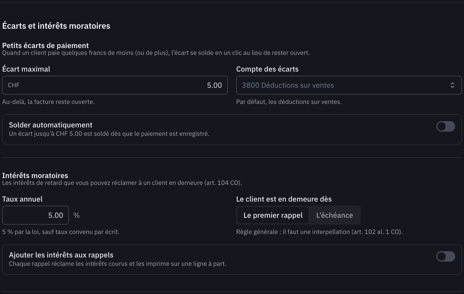La partie Écarts et intérêts moratoires : l’écart maximal, le compte des écarts, le taux annuel et le début de la demeure.