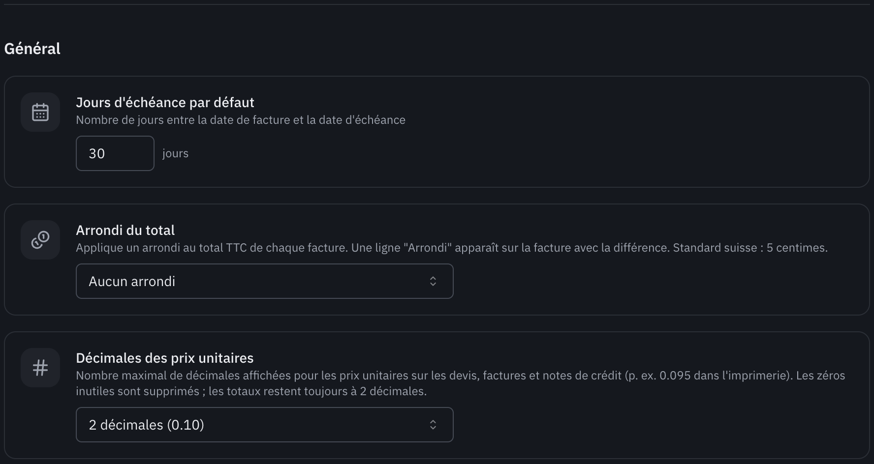 La partie Général : jours d’échéance par défaut, arrondi du total et décimales des prix unitaires.