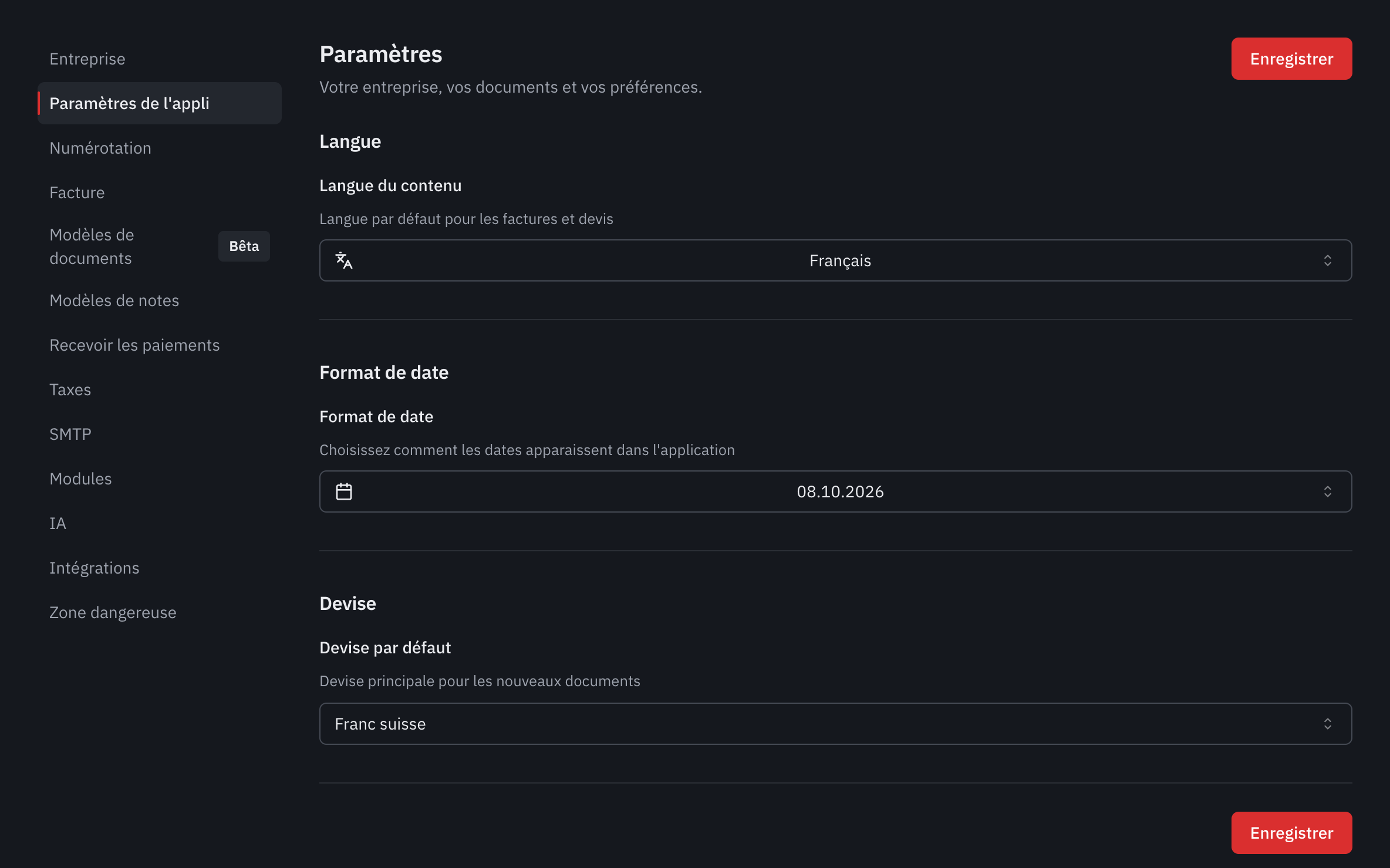 L’onglet Paramètres de l’appli : la langue du contenu, le format de date et la devise par défaut.
