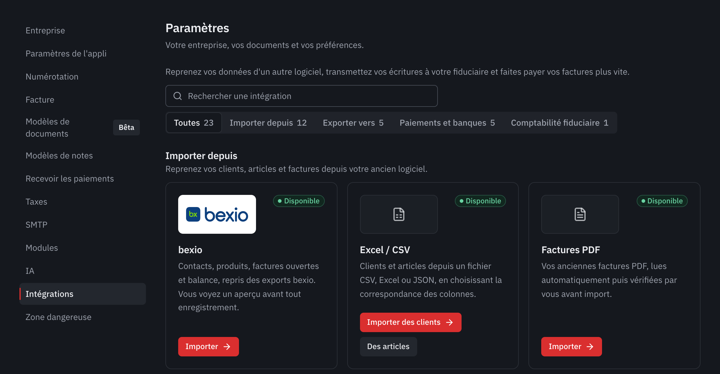 L’onglet Intégrations des paramètres : la recherche, les catégories et les cartes bexio, Excel / CSV et Factures PDF.