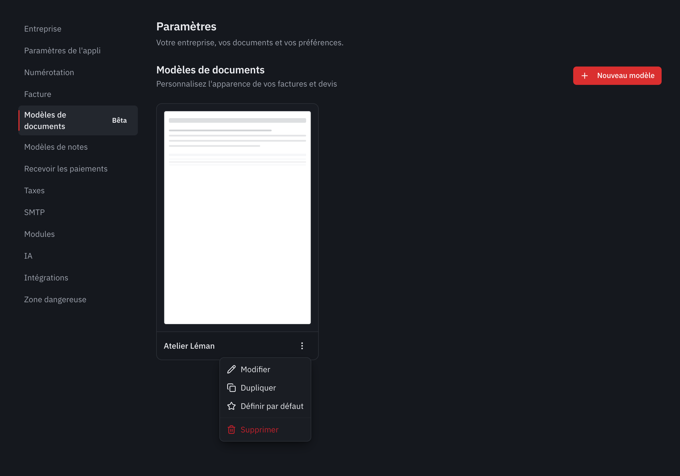 La liste des modèles de documents, avec le menu d’un modèle ouvert : Modifier, Dupliquer, Définir par défaut, Supprimer.