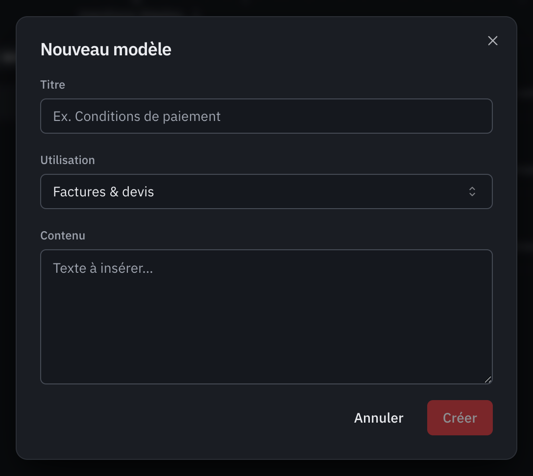 La fenêtre Nouveau modèle : le titre, l’utilisation et le contenu de la note.