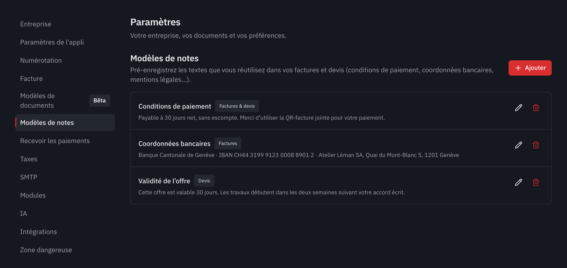 La liste des modèles de notes : conditions de paiement, coordonnées bancaires et validité de l’offre, avec leur usage.