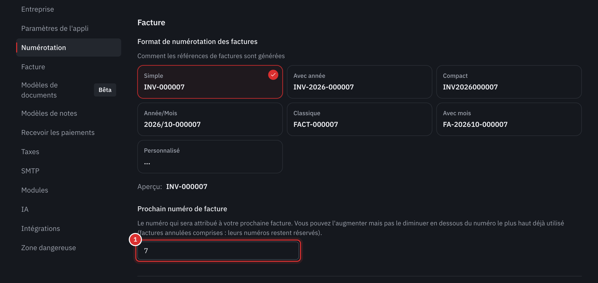 La partie Facture : les formats de numérotation des factures et le champ Prochain numéro de facture.