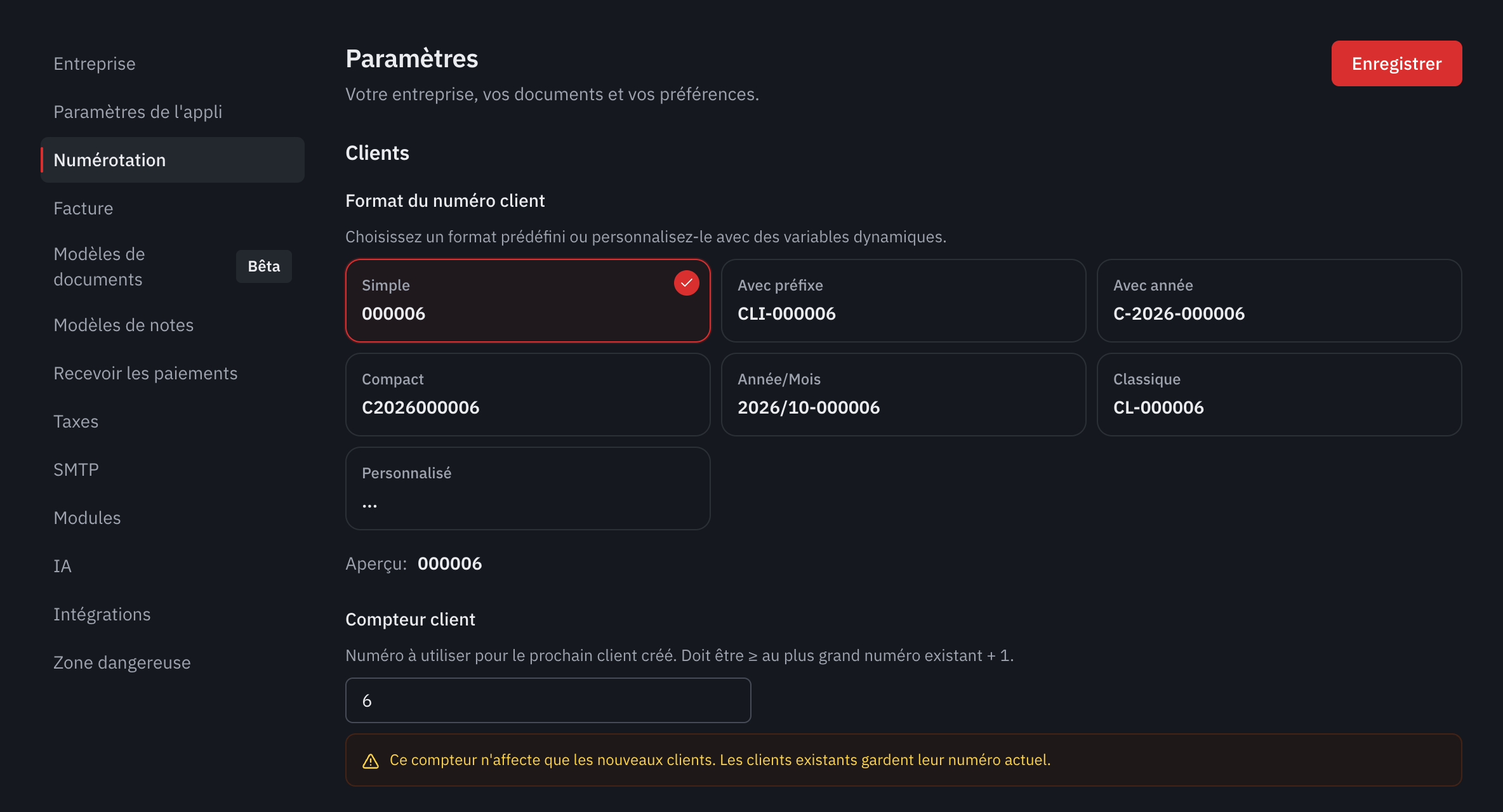 La partie Clients de la numérotation : les formats proposés, l’aperçu et le compteur client.