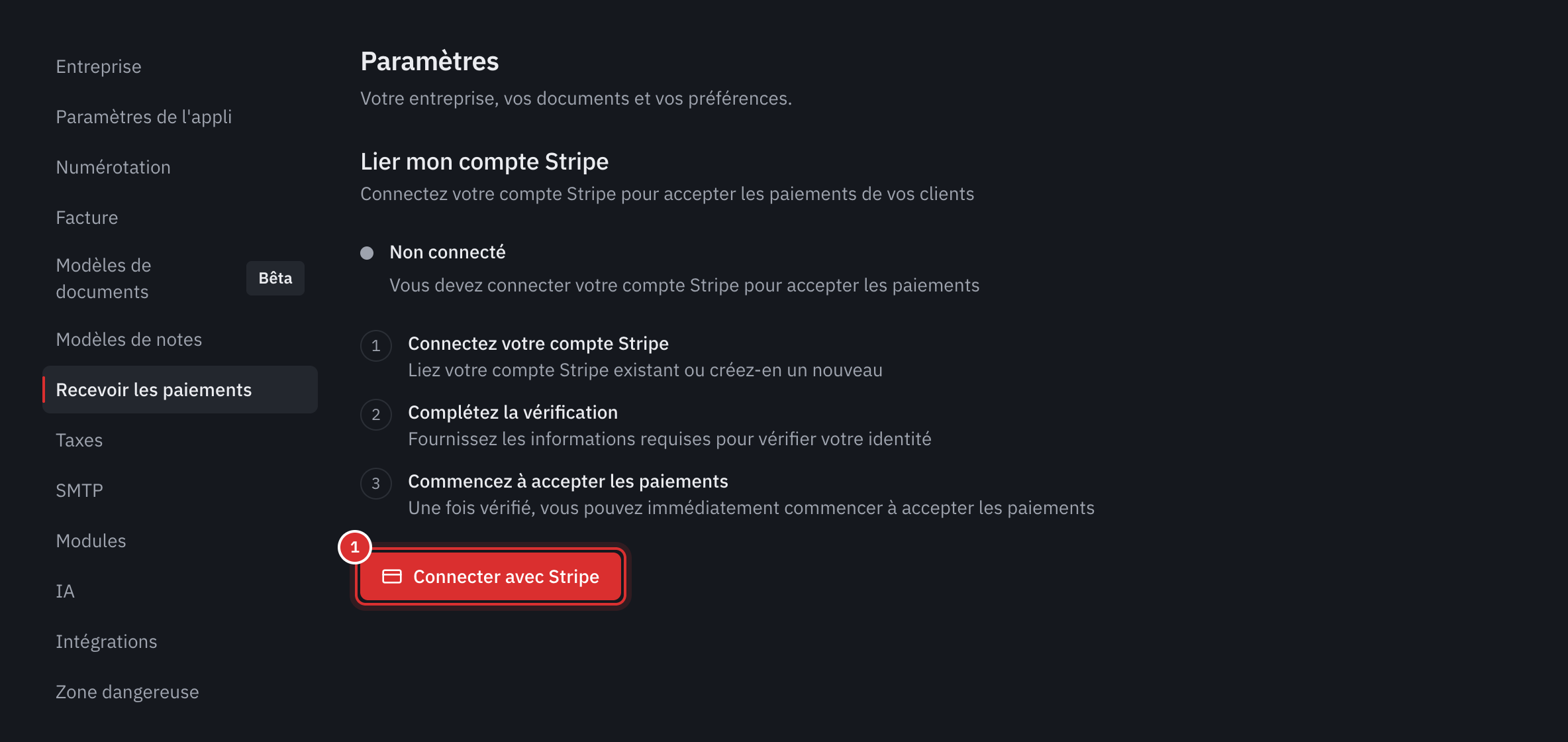 L’onglet Recevoir les paiements : l’encadré Non connecté, les trois étapes et le bouton Connecter avec Stripe.