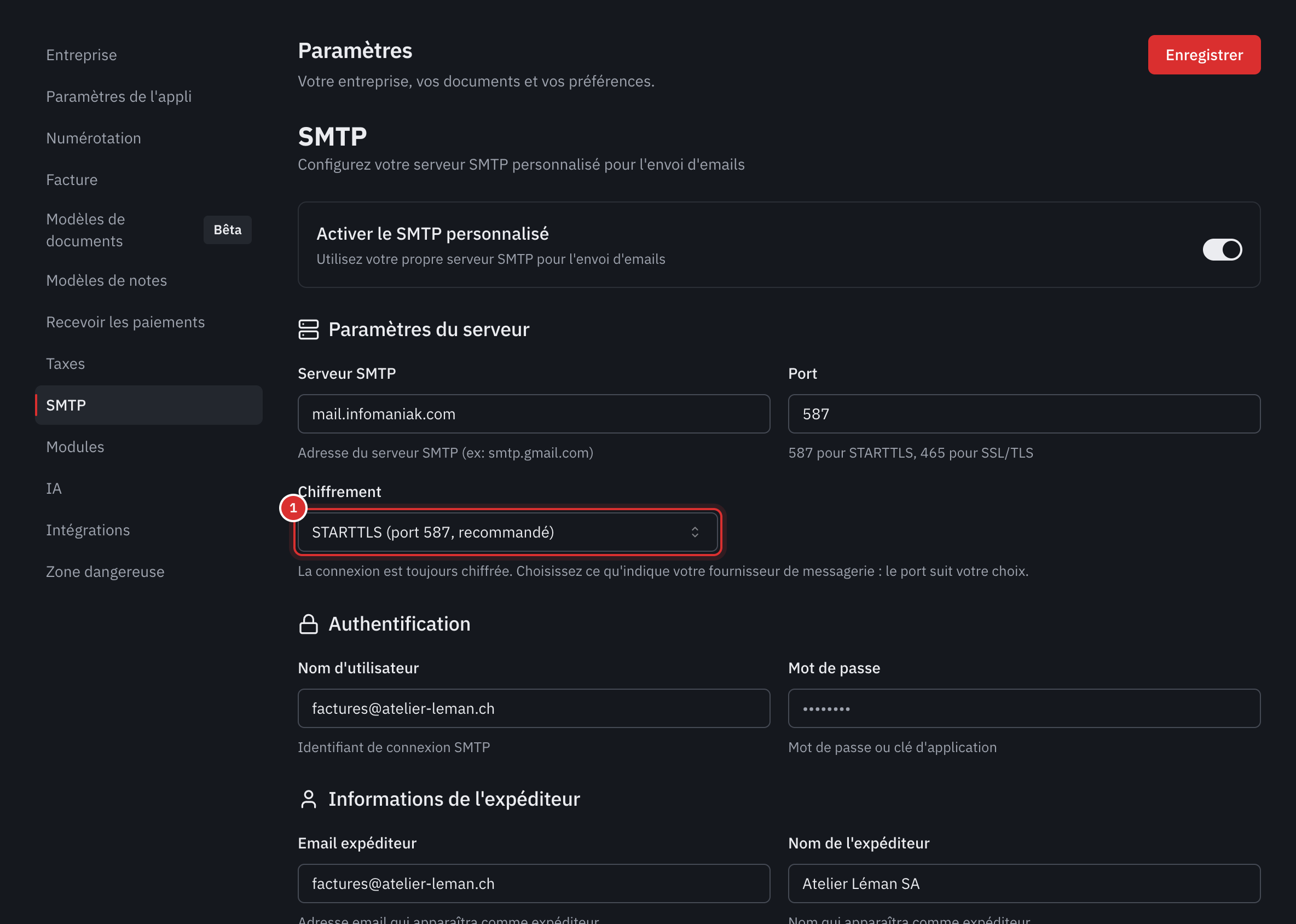 L’onglet SMTP : le serveur, le port, le chiffrement, l’authentification et l’expéditeur.