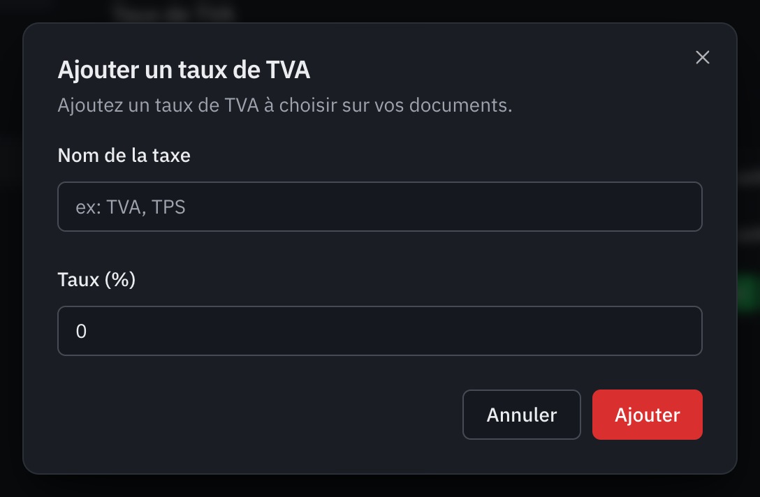 La fenêtre Ajouter un taux de TVA : le nom de la taxe et le taux en pour cent.