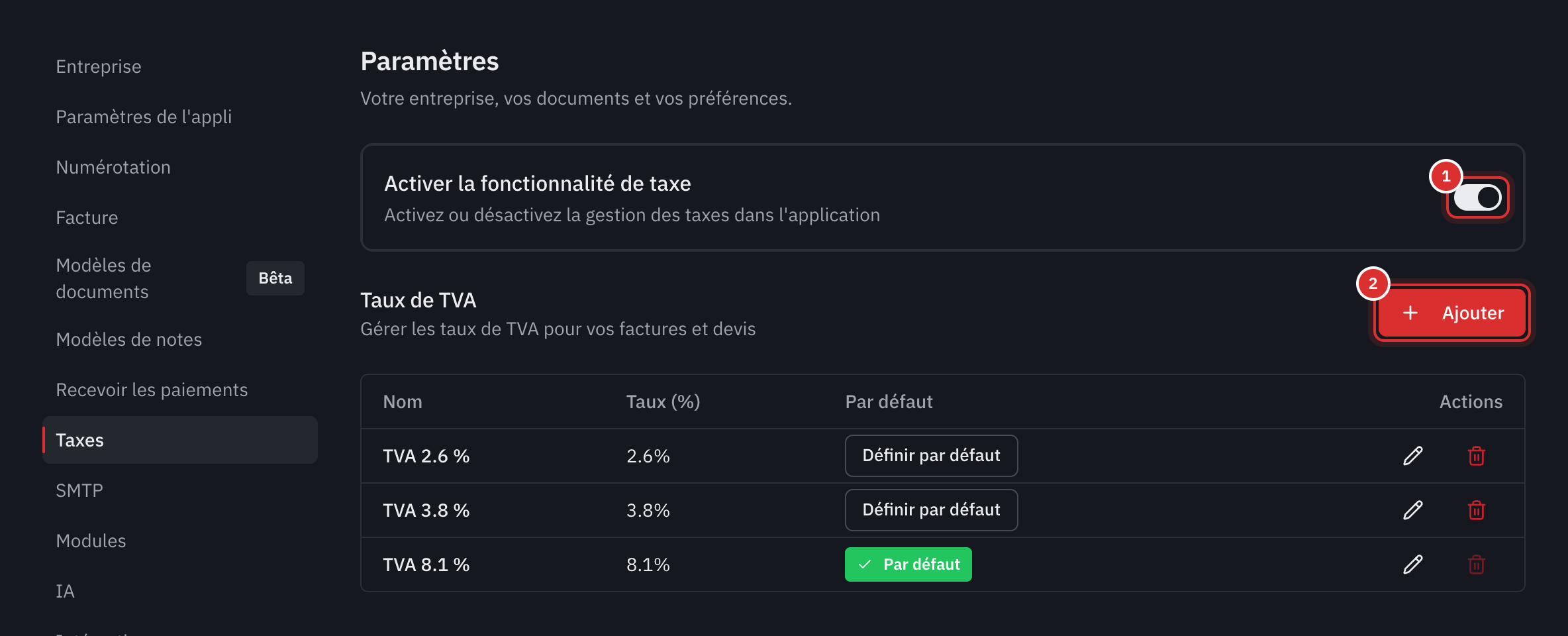 L’onglet Taxes : l’interrupteur Activer la fonctionnalité de taxe et la liste des taux de TVA, avec le taux par défaut.