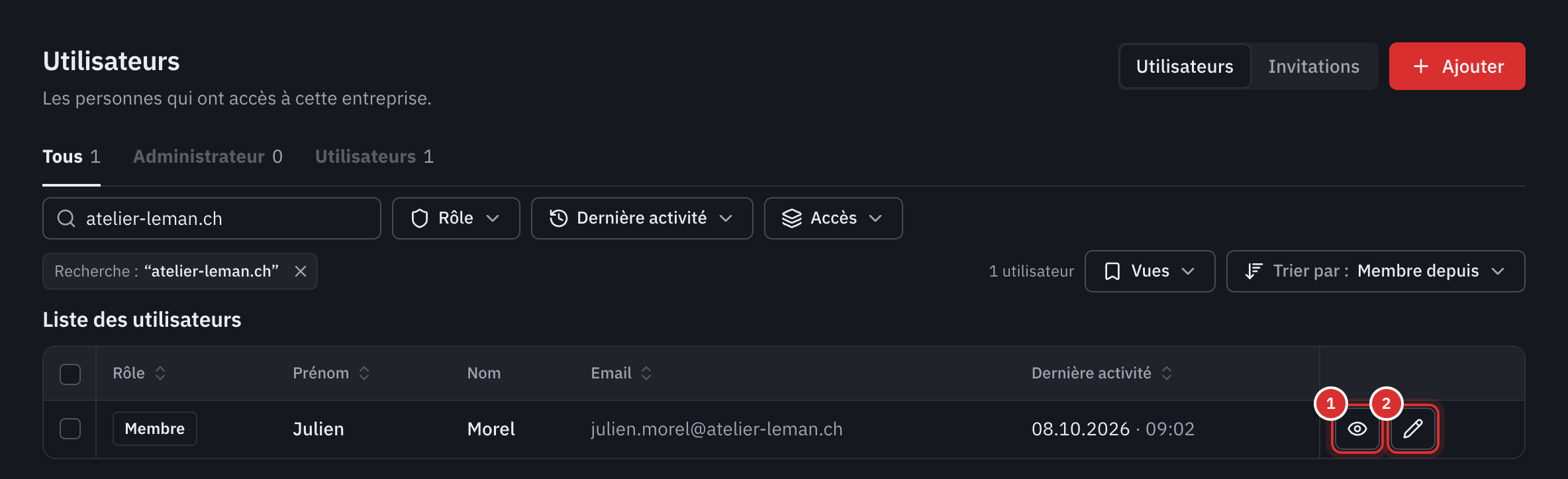 La liste des utilisateurs : le rôle, le prénom, le nom, l’e-mail et la dernière activité de chacun, avec les boutons Détails et Modifier.