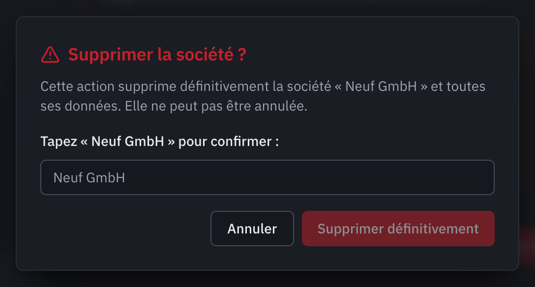 La fenêtre Supprimer la société ? : le nom de l’entreprise à taper et le bouton Supprimer définitivement.