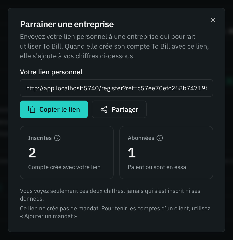 La fenêtre Parrainer une entreprise du cockpit : le lien personnel, Copier le lien et Partager, les compteurs Inscrites et Abonnées, et la phrase Ce lien ne crée pas de mandat.