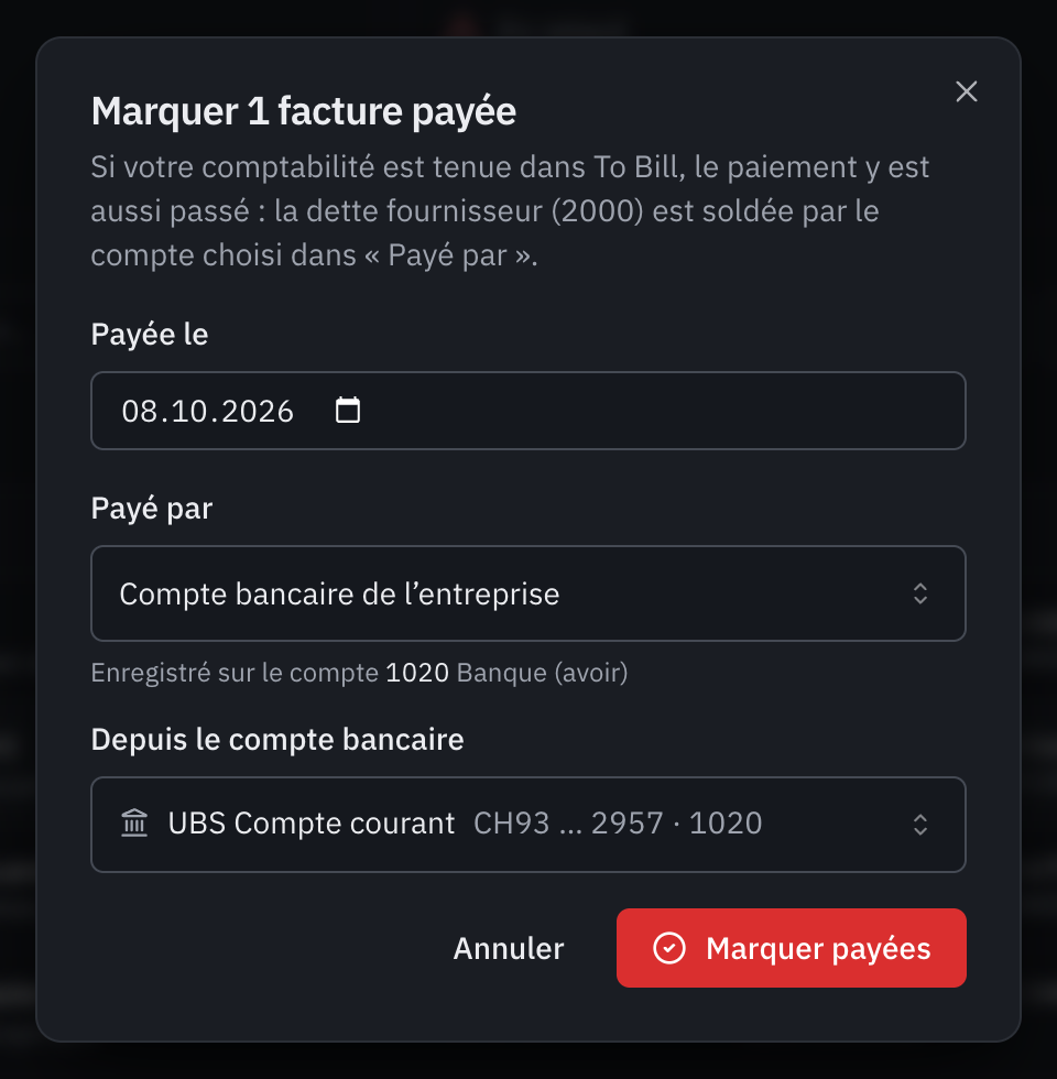 La fenêtre Marquer 1 facture payée : la date de paiement, Payé par Compte bancaire de l’entreprise, enregistré sur le compte 1020, et le compte bancaire UBS Compte courant.