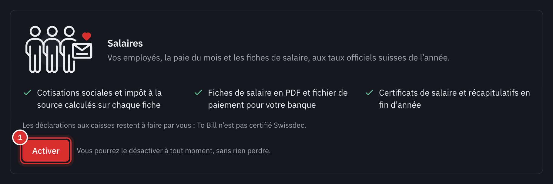 La carte Salaires dans Paramètres, Modules : ce que fait le module, la mention Swissdec et le bouton Activer.