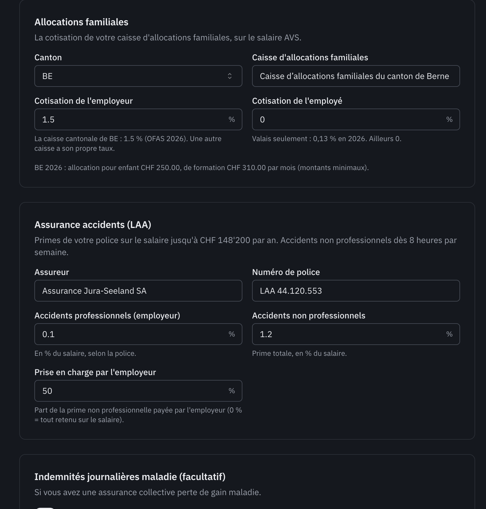 Les sections Allocations familiales et Assurance accidents (LAA) : canton, caisse, taux de l’employeur et de l’employé, primes de la police.