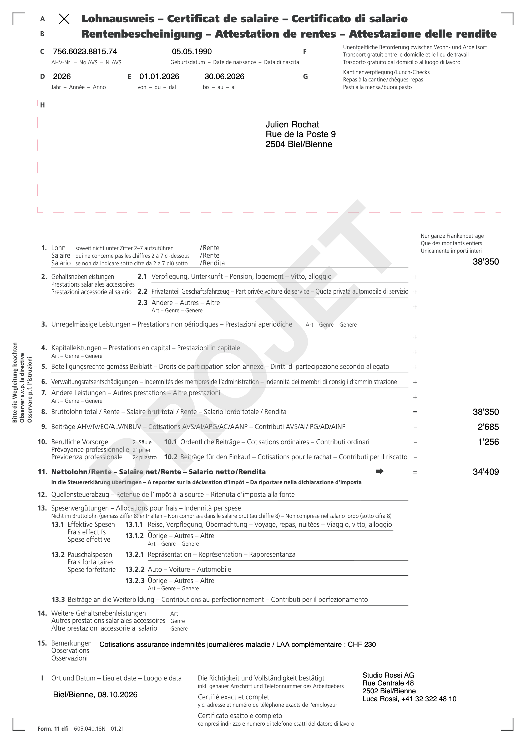 El formulario 11 rellenado por To Bill, todavía marcado como borrador (PROJET): número AVS, período, dirección del empleado, cifras 1 a 15 y firma del empleador.