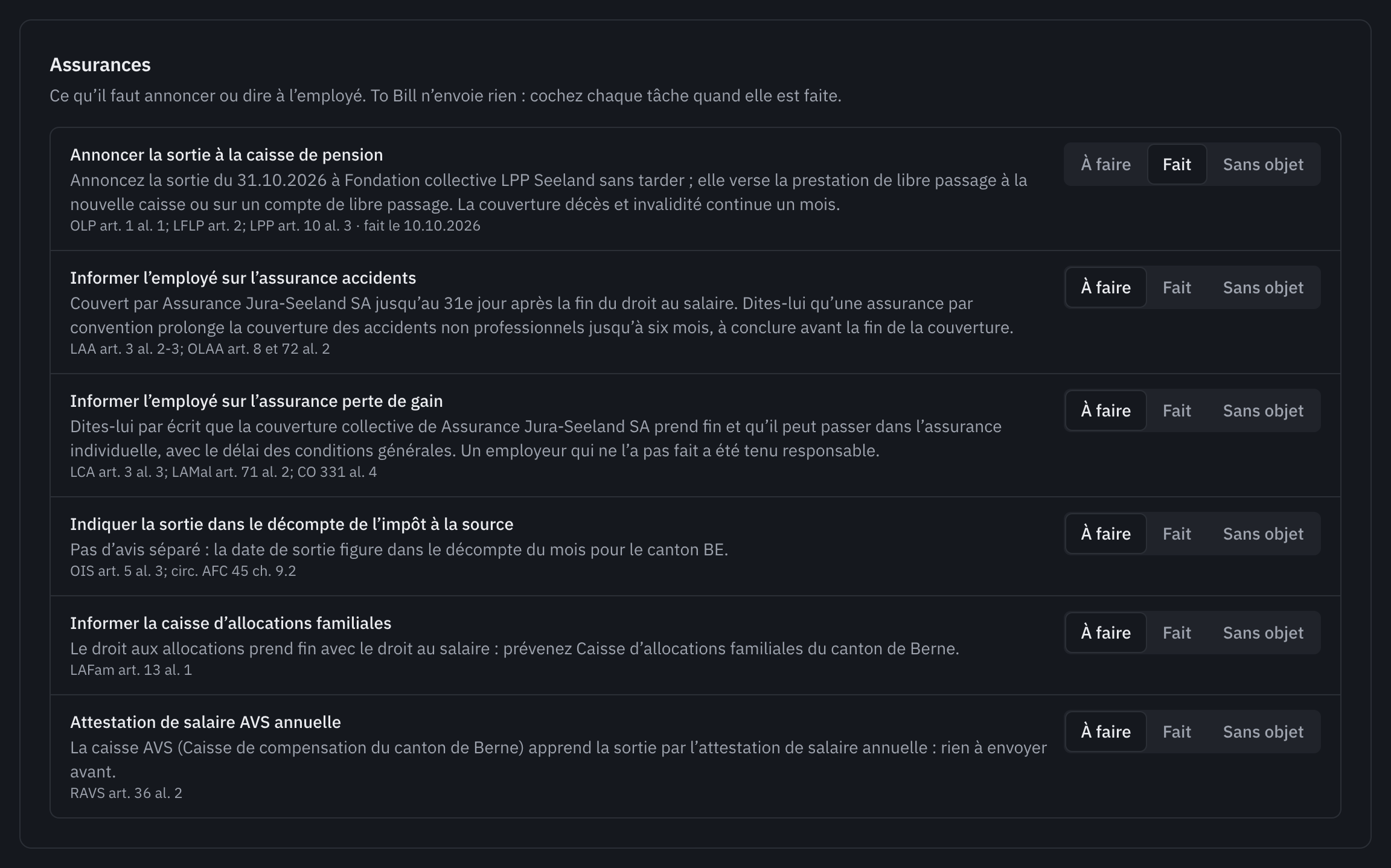 Les assurances du départ : six tâches, de l’annonce à la caisse de pension, marquée Fait, à l’attestation de salaire AVS annuelle, chacune avec À faire, Fait et Sans objet.