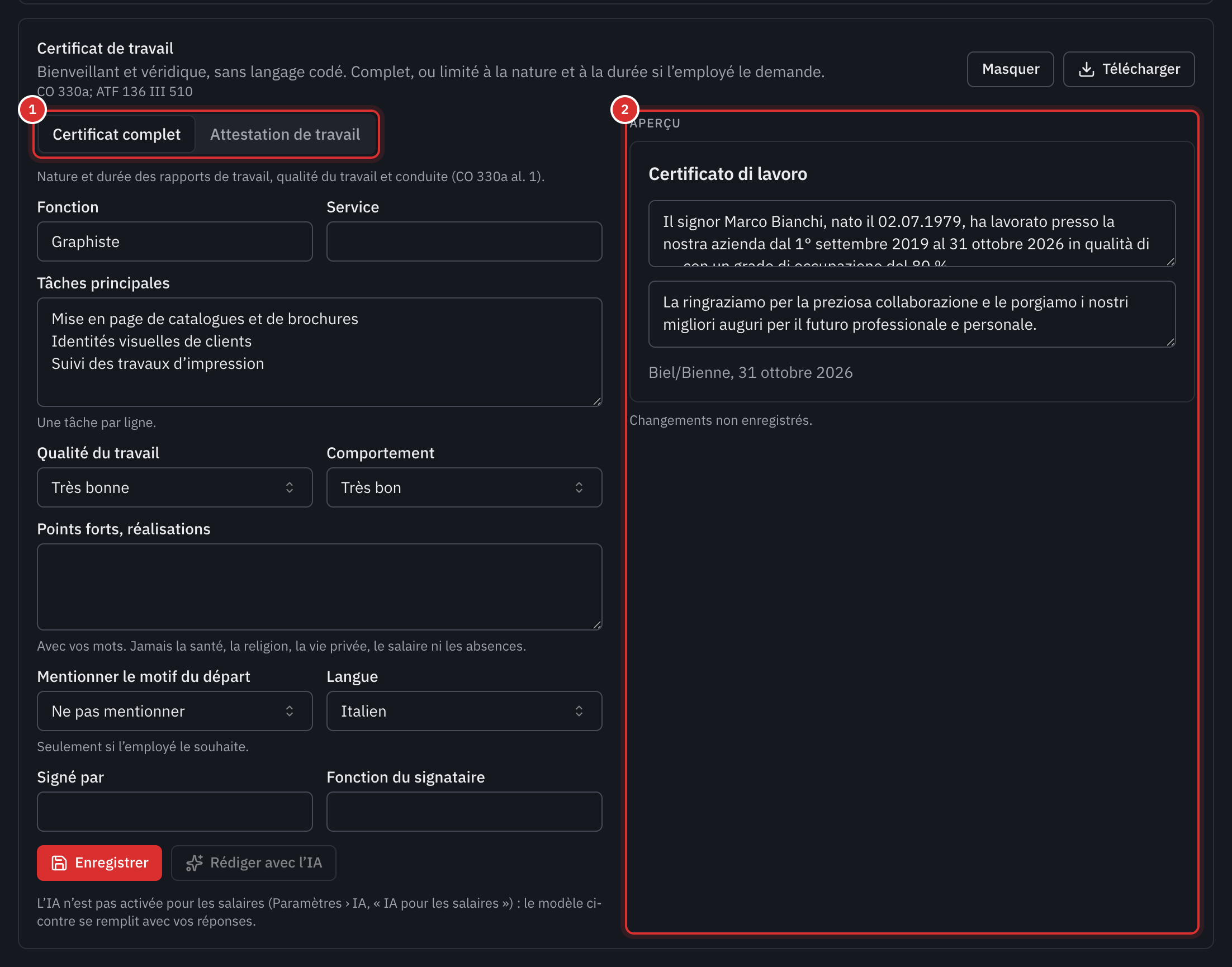 Le certificat de travail en cours de rédaction : le genre Certificat complet, la fonction, les tâches, la qualité du travail et le comportement, avec l’aperçu du certificat en italien à côté.