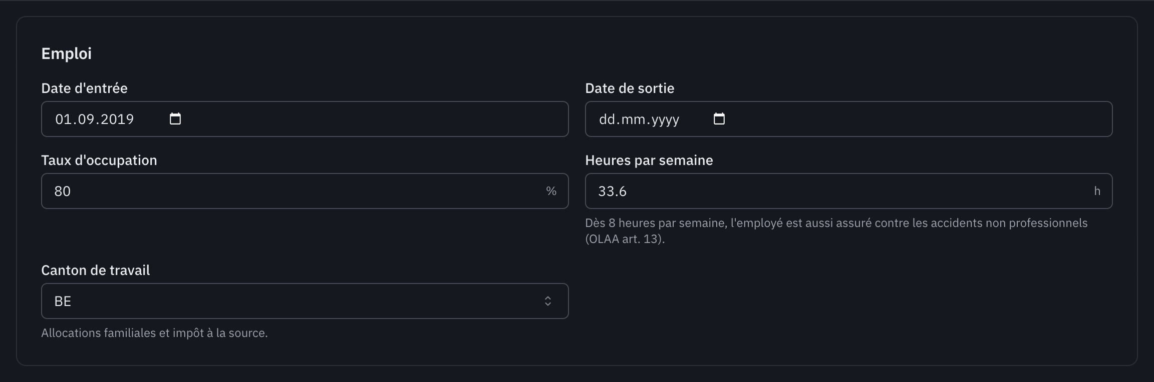 La section Emploi : date d’entrée, date de sortie, taux d’occupation, heures par semaine et canton de travail.