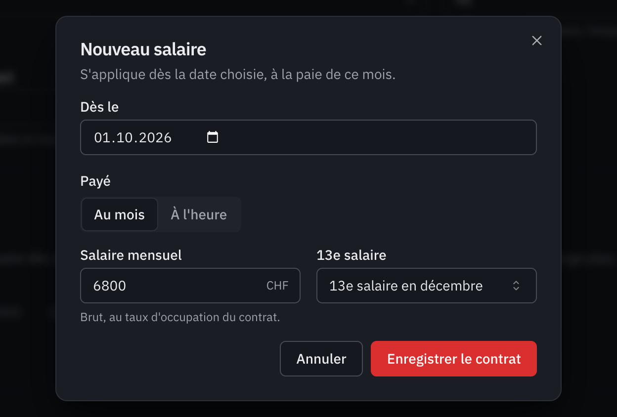 La fenêtre Nouveau salaire : la date d’effet, le salaire mensuel et le 13e salaire.