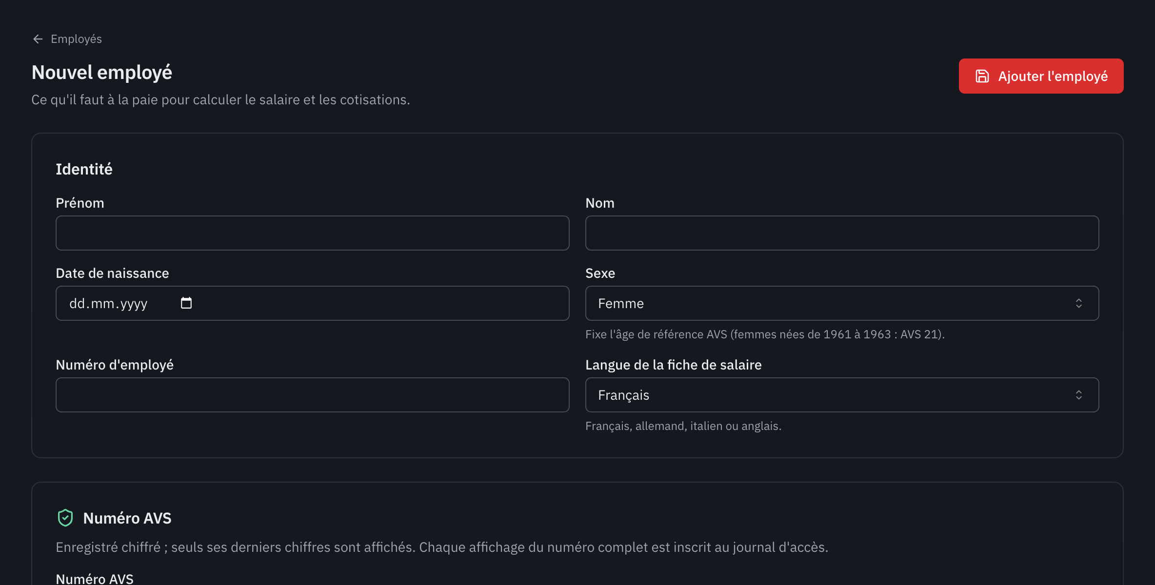 Le formulaire Nouvel employé : les sections Identité et Numéro AVS.