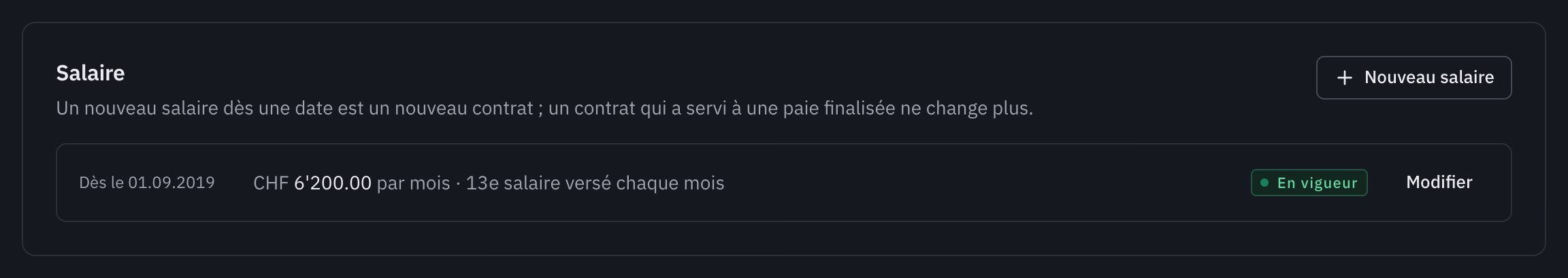 La section Salaire d’un employé : le contrat en vigueur et le bouton Nouveau salaire.