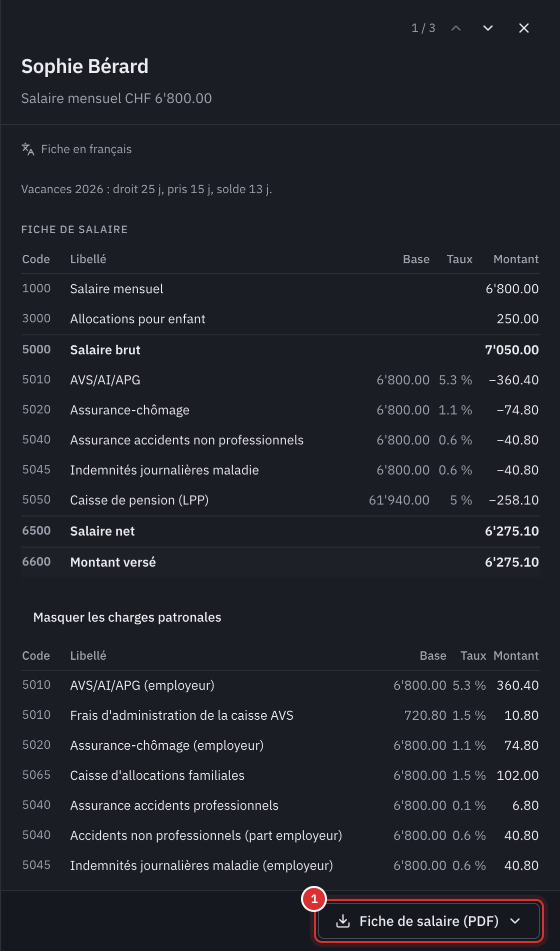 La fiche de salaire d’une employée dans la paie : les lignes de salaire, les retenues, le net et les charges patronales.