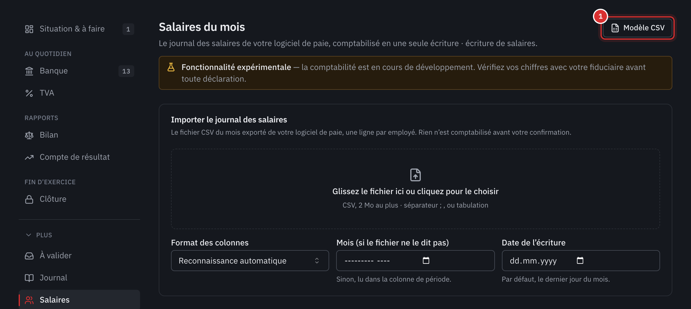 La page Salaires du mois de la comptabilité : la zone pour déposer le journal, le format des colonnes, le mois et la date de l’écriture.