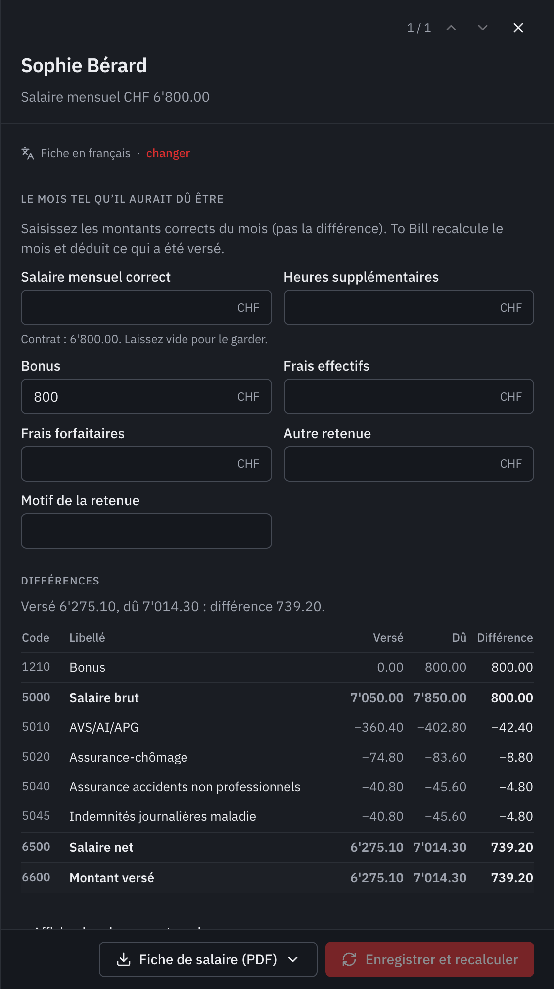 La fiche de correction d’une employée : le bonus correct saisi, puis les différences ligne par ligne, versé, dû et différence, avec le montant à verser en plus.