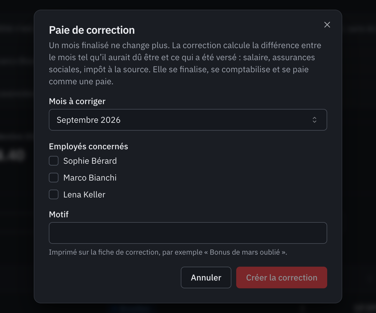 La fenêtre Paie de correction : le mois à corriger, les employés concernés et le motif.
