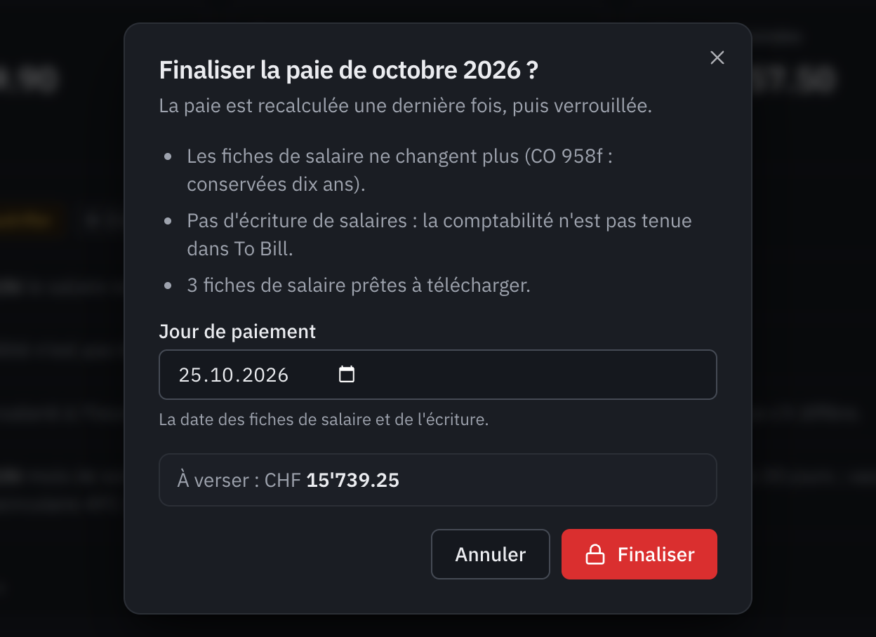 La fenêtre Finaliser la paie : ce qui va se passer, le jour de paiement et le montant à verser.