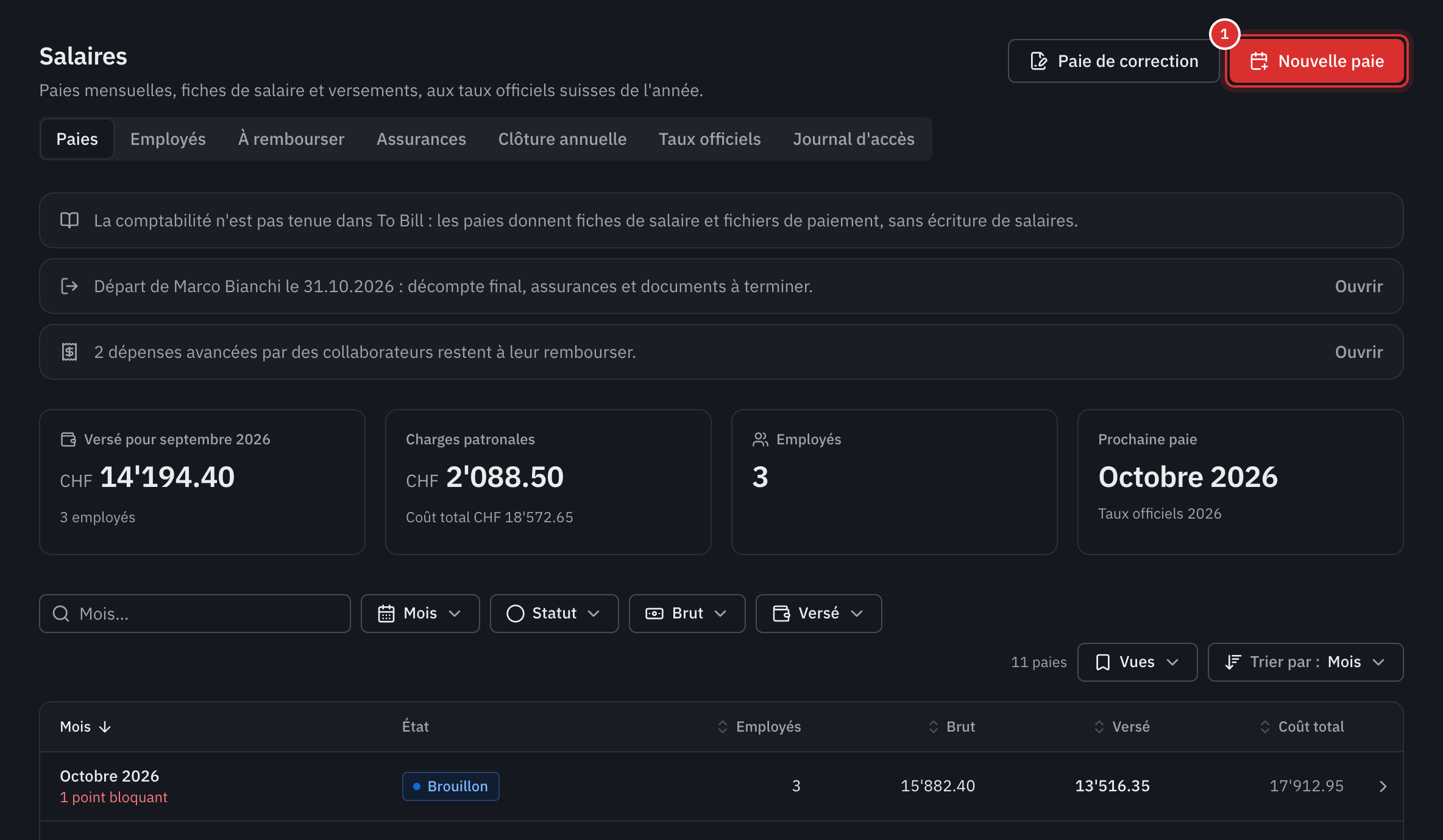 La page Salaires : les chiffres du dernier mois payé, la prochaine paie et la liste des paies, avec le bouton Nouvelle paie.