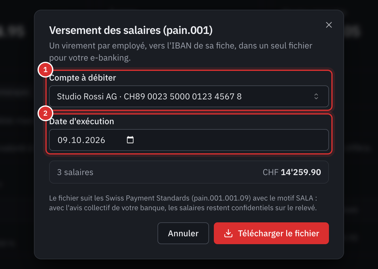 La fenêtre Versement des salaires : le compte à débiter, la date d’exécution, le nombre de salaires et le total.