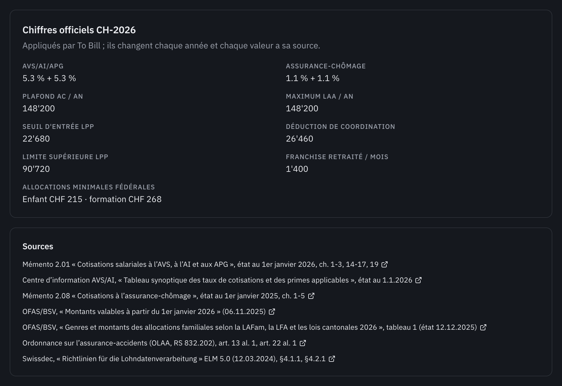 Le panneau Chiffres officiels CH-2026 et la liste de ses sources officielles.